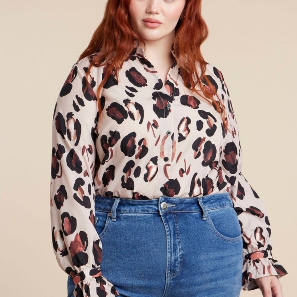 Eloquii Printed Button Down Shirt With Ruffle Neck